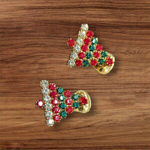 Vintage Christmas Tree Clip-On Earrings Gold Tone With Red Green & Clear Rhinest